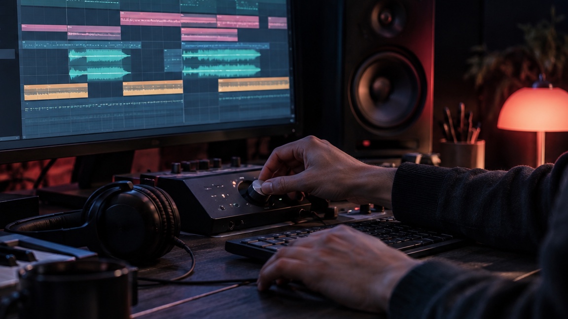Electronic music producer preparing a professional demo in the studio