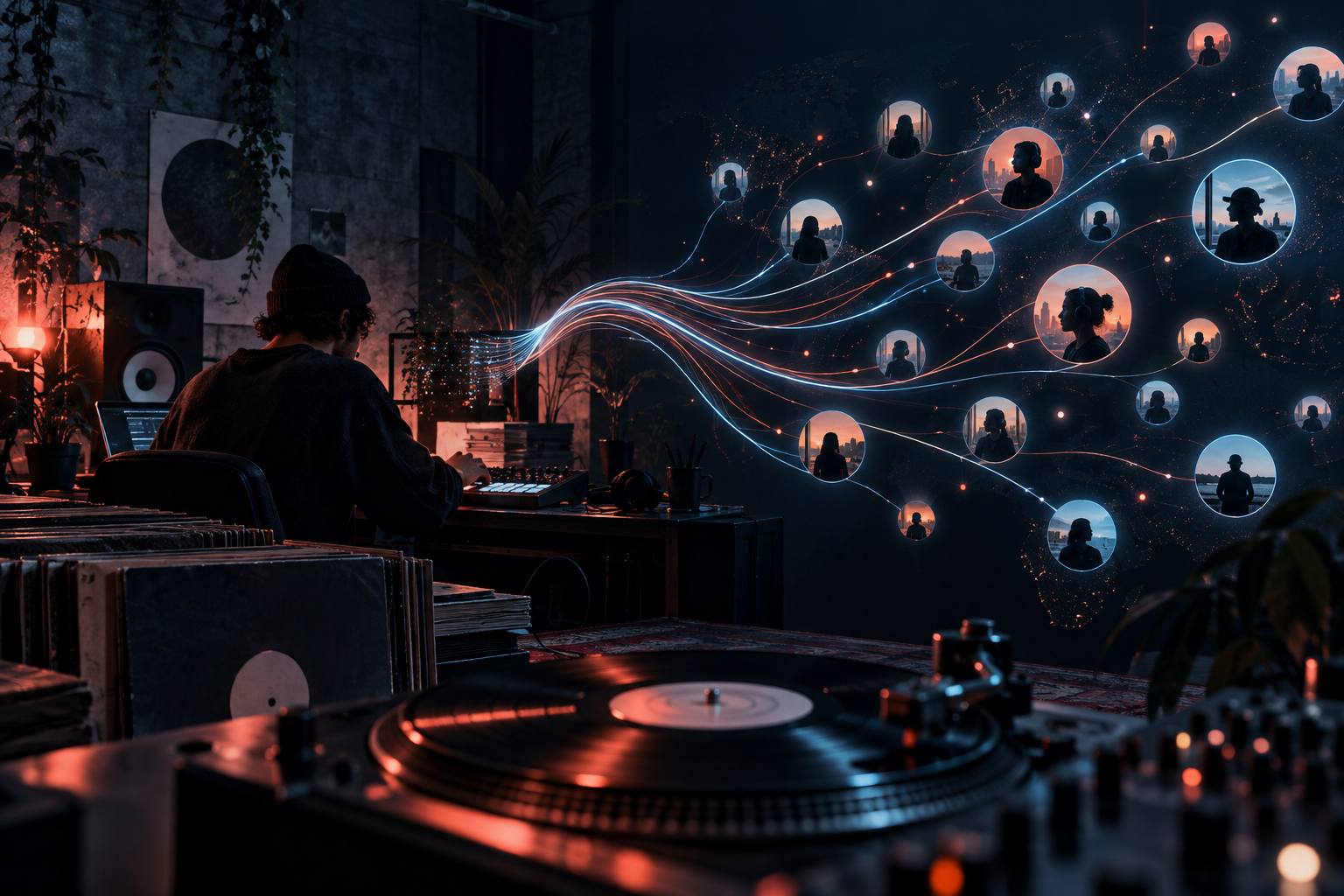 Electronic music producer connecting a new release with listeners through digital discovery